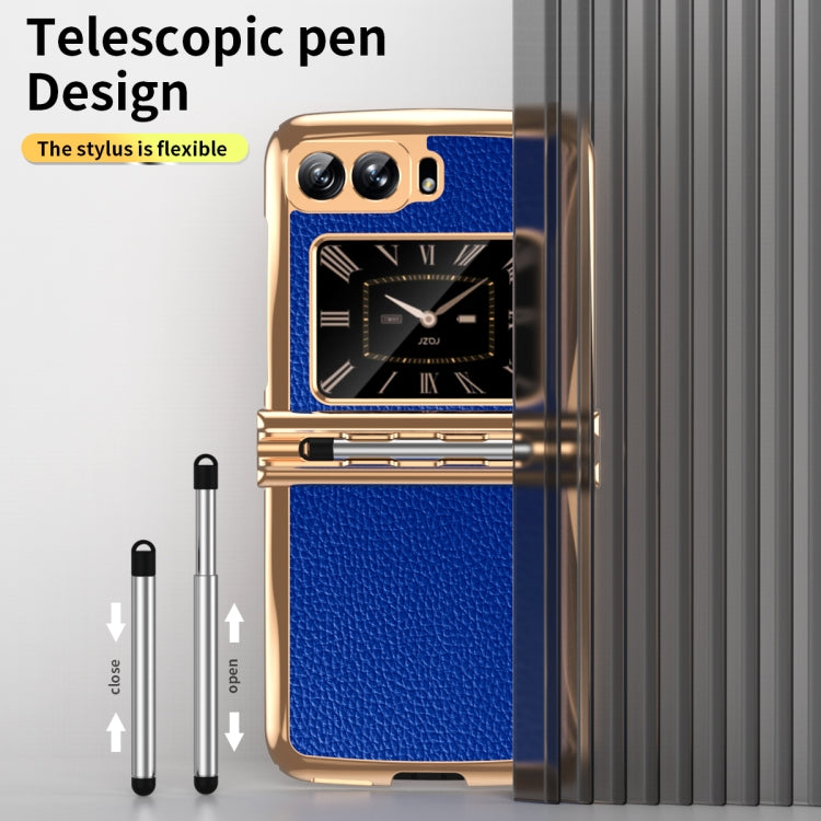 For Motorola Razr 2022 Foldable Electroplated Plain Leather Phone Case with Stylus(Blue)