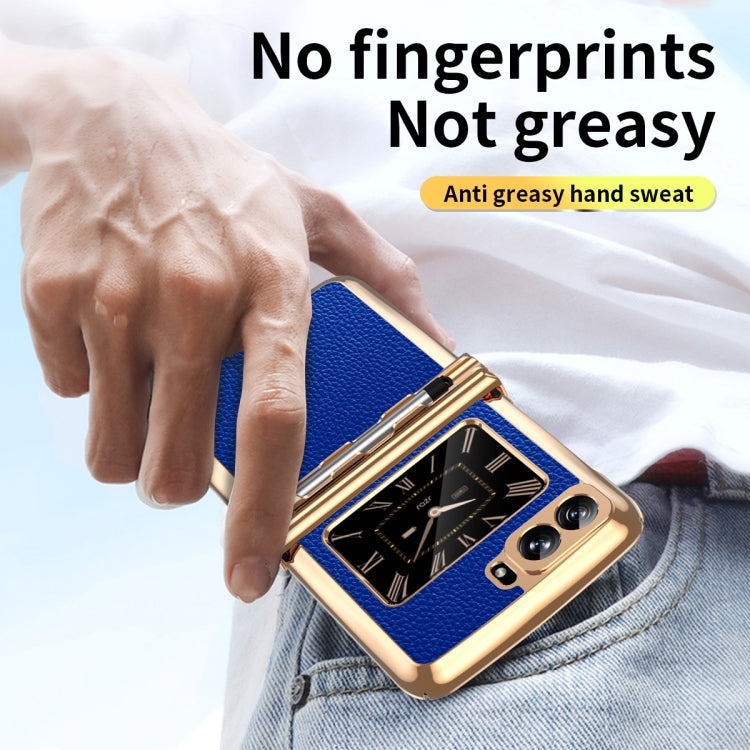 For Motorola Razr 2022 Foldable Electroplated Plain Leather Phone Case with Stylus(Blue)