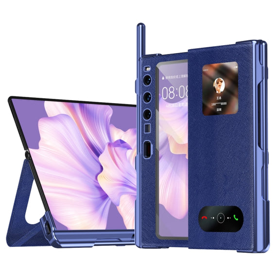 For Huawei Mate Xs 2 integrated Cross Pattern Electroplating All-inclusive Phone Case with Stand(Blue)