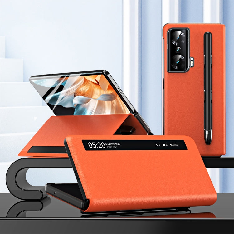 For Honor Magic Vs Side Window View Smart Lychee Texture Leather Phone Case with Pen Slot(Orange)