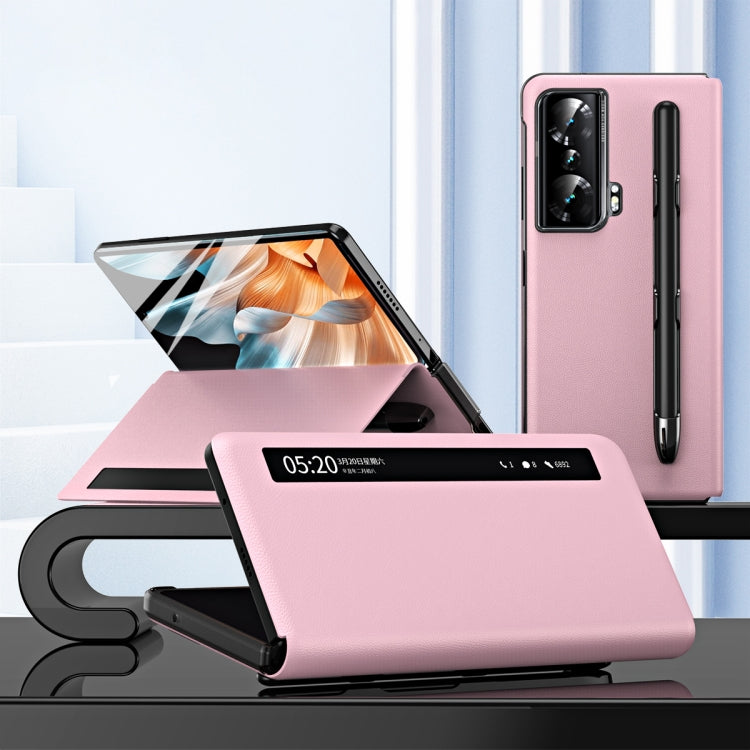 For Honor Magic Vs Side Window View Smart Lychee Texture Leather Phone Case with Pen Slot(Pink)