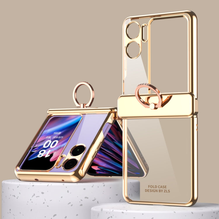 For OPPO Find N2 Flip Electroplating Frame Transparent Phone Case with Ring(Champagne Gold)