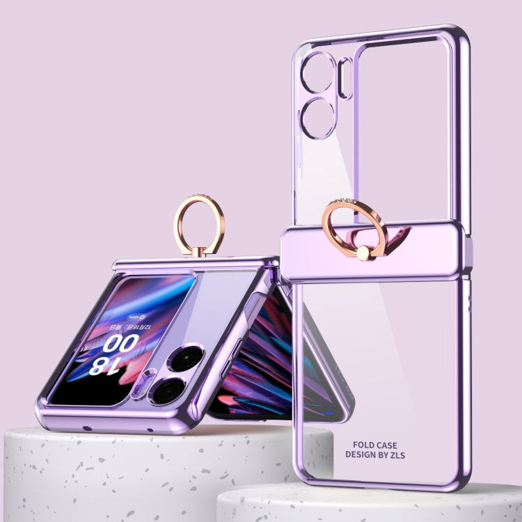 For OPPO Find N2 Flip Electroplating Frame Transparent Phone Case with Ring(Purple)