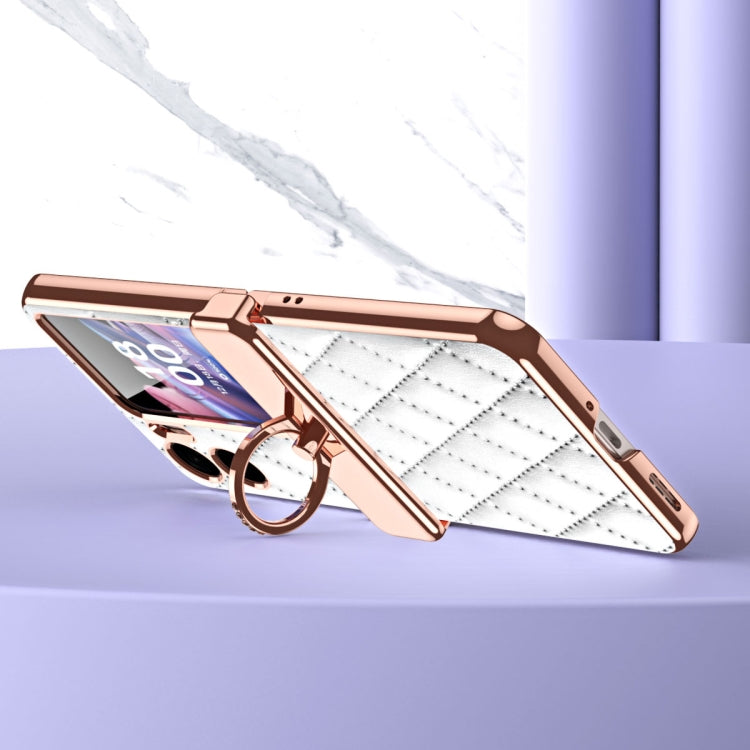 For OPPO Find N2 Flip Rhombus Pattern Electroplated Plain Leather Magnetic Phone Case with Ring(White)