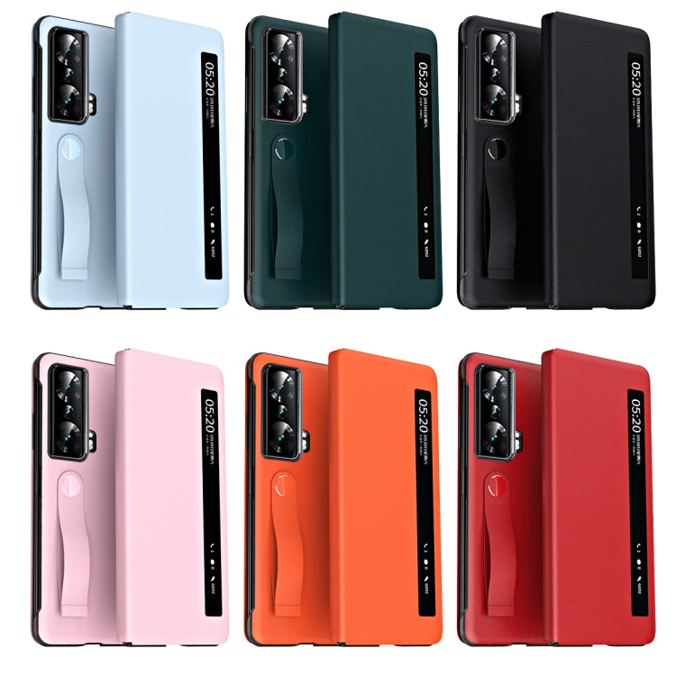 For Honor Magic Vs Side Window View Smart Litchi Pattern Leather Phone Case with Hand Strap(Pink)