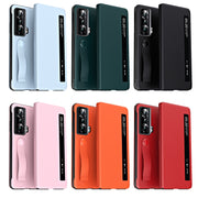 For Honor Magic Vs Side Window View Smart Litchi Pattern Leather Phone Case with Hand Strap(Pink)