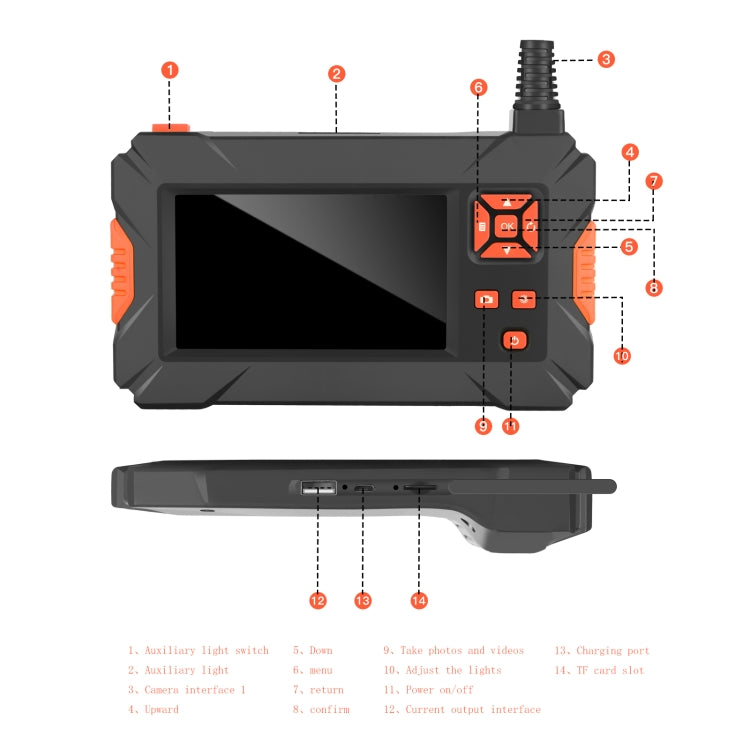 P130 14mm 4.3 inch Single Camera with Screen Endoscope, Length:10m