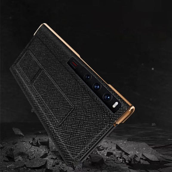 For Huawei Mate Xs 2 Electroplated Cross Pattern Leather All-inclusive Phone Case with Stand(Charm Red Gold)