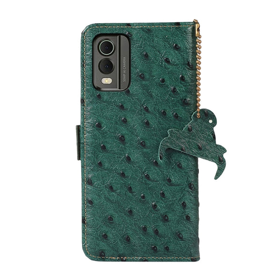 For Nokia C32 4G Ostrich Pattern Genuine Leather RFID Phone Case(Green)
