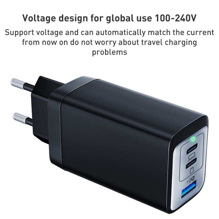 65W Dual PD USB-C / Type-C + USB 3-Port Gan Fast Charging Charger, Plug:US Plug(Black)