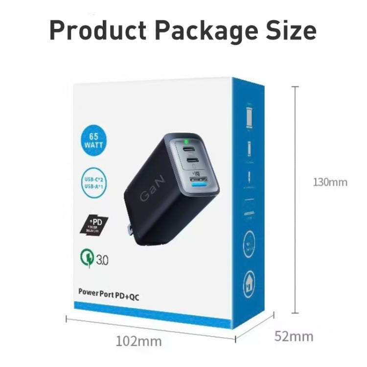 65W Dual PD USB-C / Type-C + USB 3-Port Gan Fast Charging Charger, Plug:US Plug(Black)