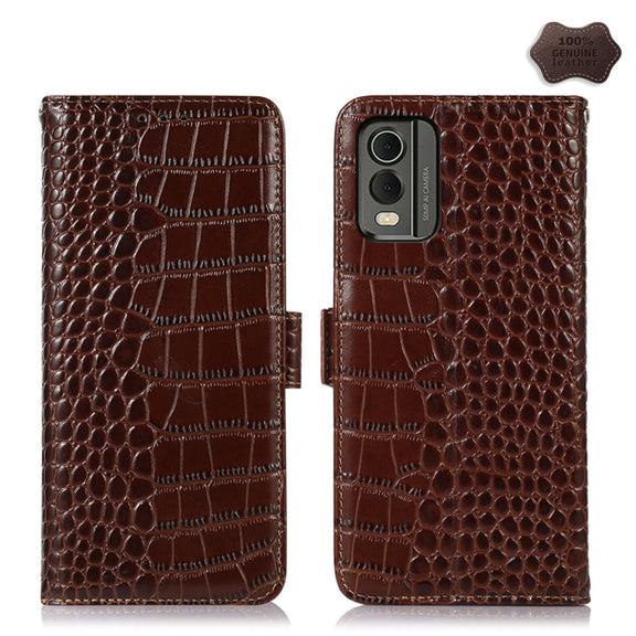 For Nokia C32 4G Crocodile Top Layer Cowhide Leather Phone Case(Brown)