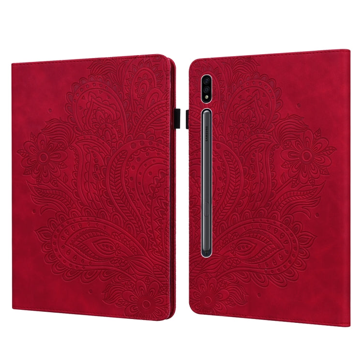 For Samsung Galaxy Tab S9 / S9 FE Peacock Embossed Pattern Leather Tablet Case(Red)