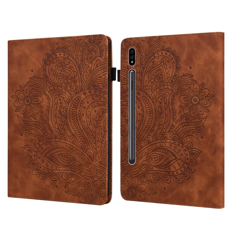 For Samsung Galaxy Tab S9 / S9 FE Peacock Embossed Pattern Leather Tablet Case(Brown)