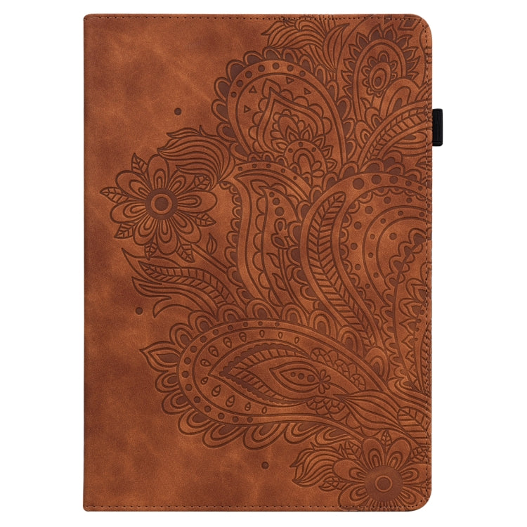 For Samsung Galaxy Tab S9 / S9 FE Peacock Embossed Pattern Leather Tablet Case(Brown)