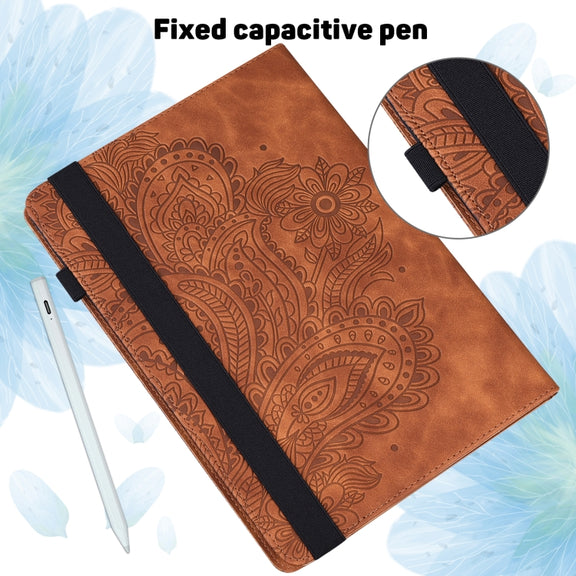 For Samsung Galaxy Tab S9 / S9 FE Peacock Embossed Pattern Leather Tablet Case(Brown)