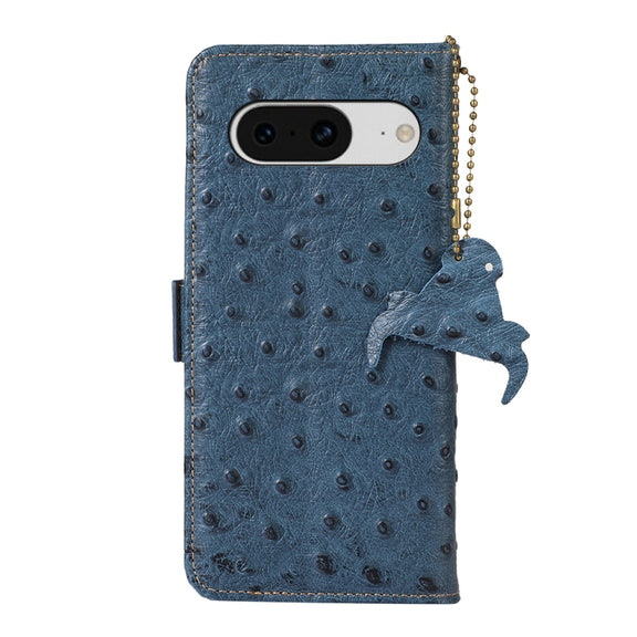 For Google Pixel 8 Ostrich Pattern Genuine Leather RFID Phone Case(Blue)
