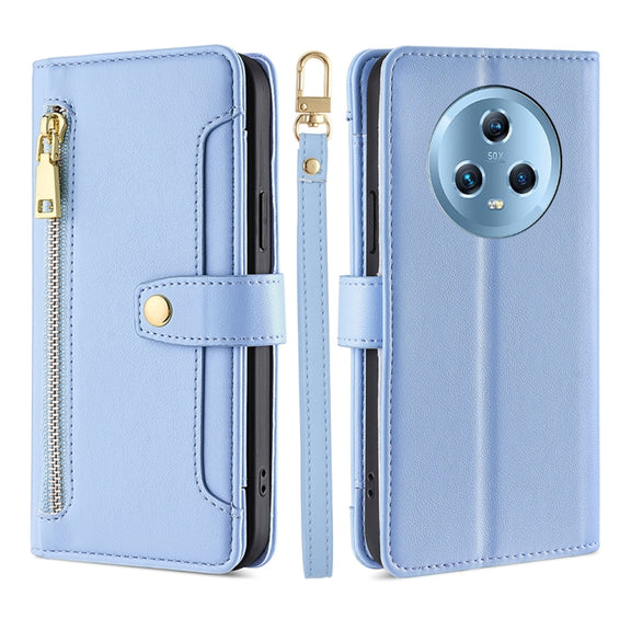 For Honor Magic5 Sheep Texture Cross-body Zipper Wallet Leather Phone Case(Blue)