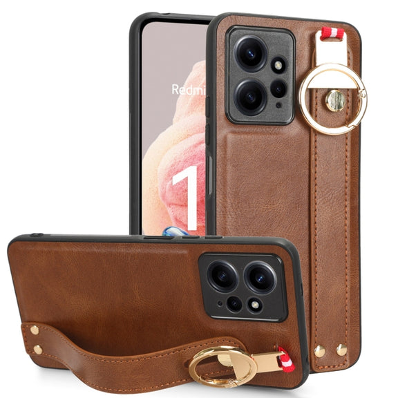 For Redmi Note 12 4G Global Wristband Leather Back Phone Case(Brown)