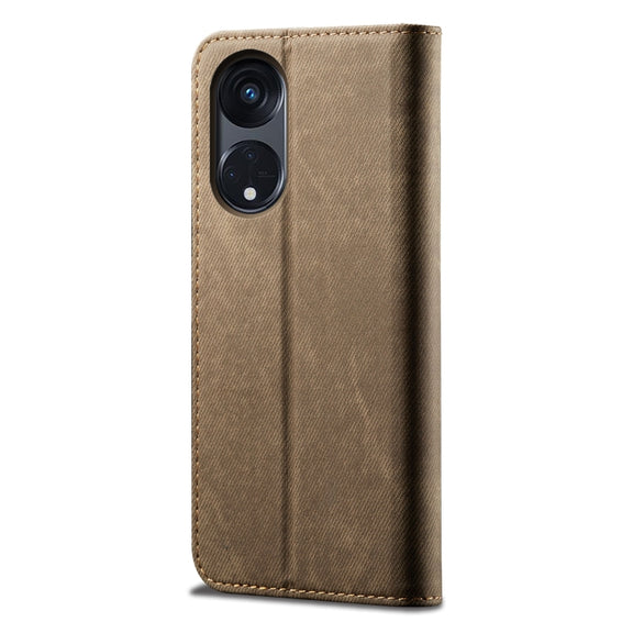 For OPPO A98 5G Denim Texture Casual Style Horizontal Flip Leather Case(Khaki)