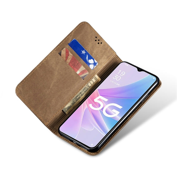 For OPPO A98 5G Denim Texture Casual Style Horizontal Flip Leather Case(Khaki)