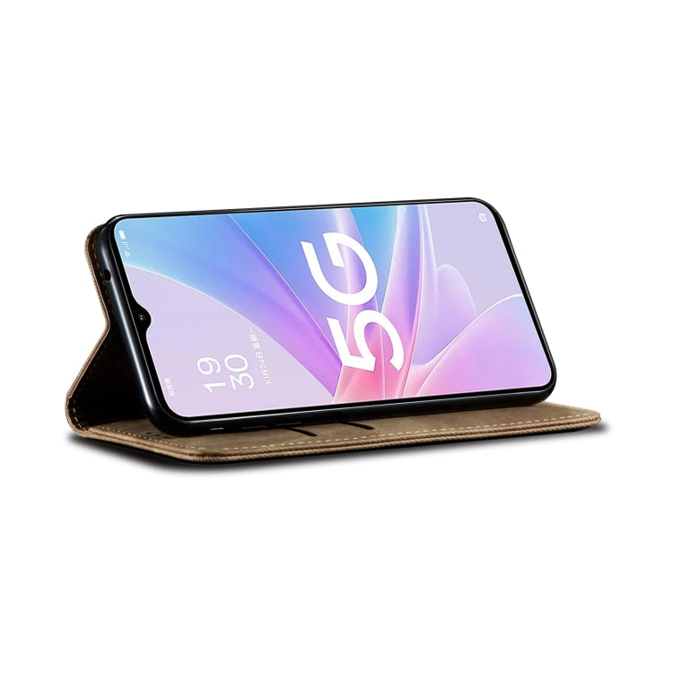 For OPPO A98 5G Denim Texture Casual Style Horizontal Flip Leather Case(Khaki)