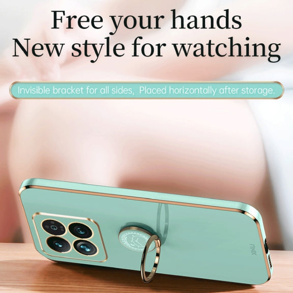 For Xiaomi 14 XINLI Straight Edge 6D Electroplate TPU Phone Case with Ring Holder(Mint Green)