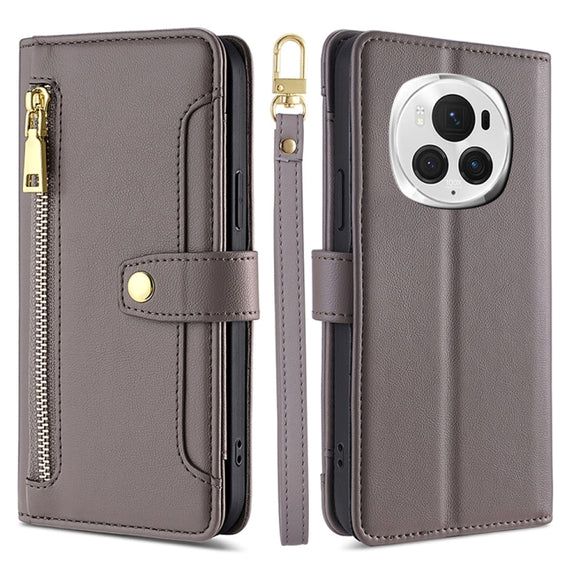 For Honor Magic6 Pro 5G Sheep Texture Cross-body Zipper Wallet Leather Phone Case(Grey)