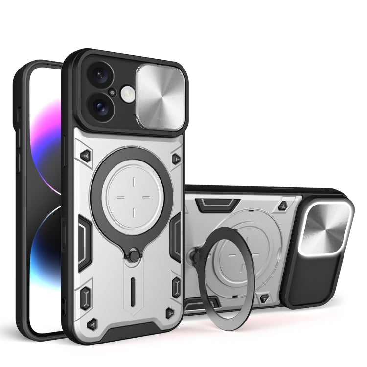 For iPhone 16 CD Texture Sliding Camshield Magnetic Holder Phone Case(Silver)