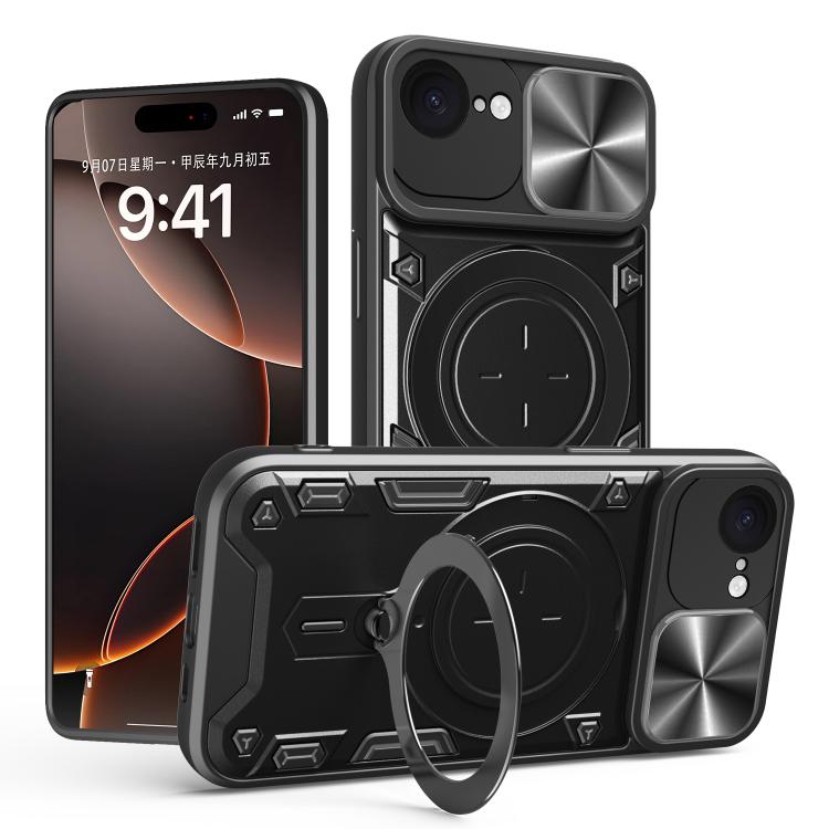 For iPhone 16e CD Texture Sliding Camshield Magnetic Holder Phone Case(Black)