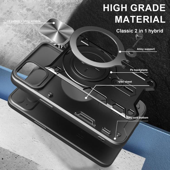 For iPhone 16e CD Texture Sliding Camshield Magnetic Holder Phone Case(Black)