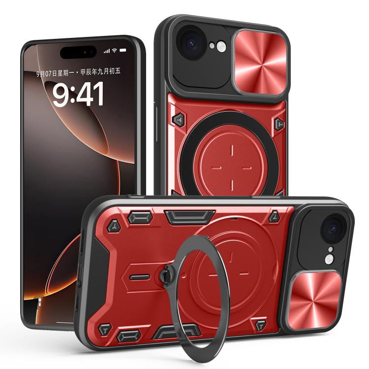 For iPhone 16e CD Texture Sliding Camshield Magnetic Holder Phone Case(Red)