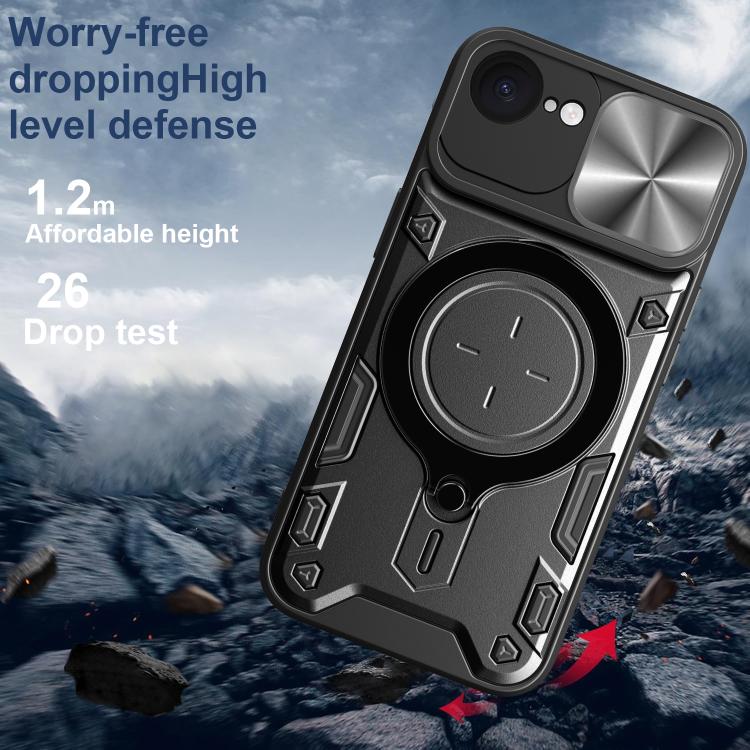 For iPhone 16e CD Texture Sliding Camshield Magnetic Holder Phone Case(Blue)
