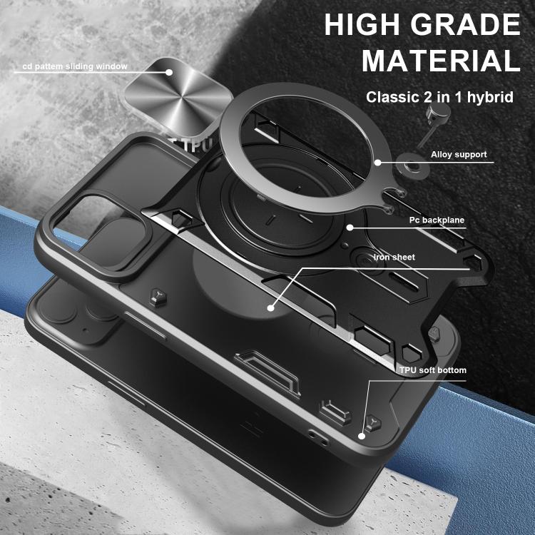 For iPhone 16e CD Texture Sliding Camshield Magnetic Holder Phone Case(Silver)