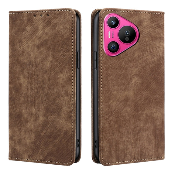 For Huawei Pura 70 RFID Anti-theft Brush Magnetic Leather Phone Case(Brown)