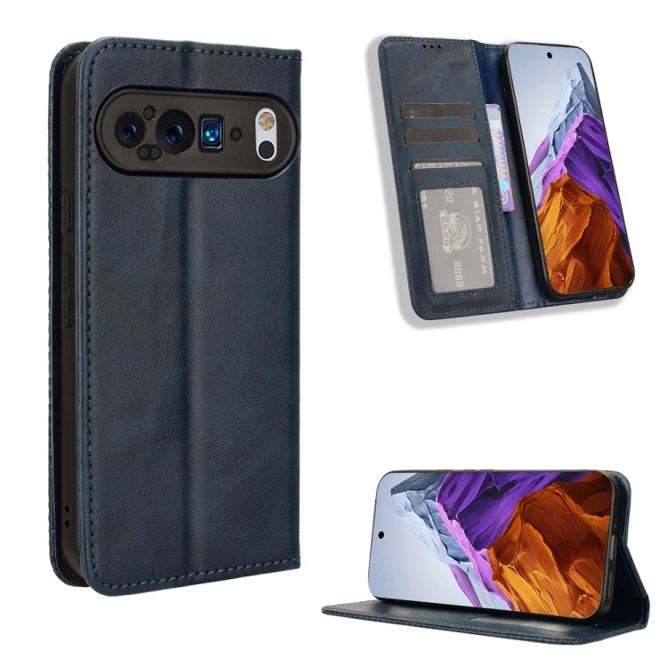 For Google Pixel 9 Magnetic Buckle Retro Texture Leather Phone Case(Blue)