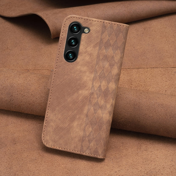 For Samsung Galaxy S24+ 5G Plaid Embossed Leather Phone Case(Brown)