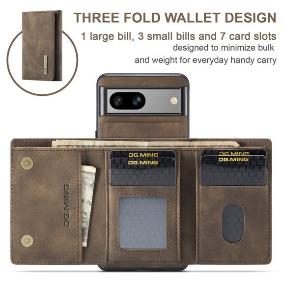 For Google Pixel 7A DG.MING M1 Series 3-Fold Multi Card Wallet + Magnetic Phone Case(Coffee)