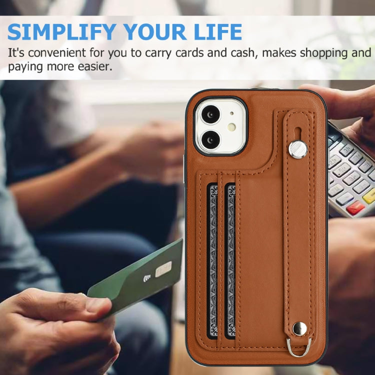 For iPhone 11 Shockproof Leather Phone Case with Wrist Strap(Brown)