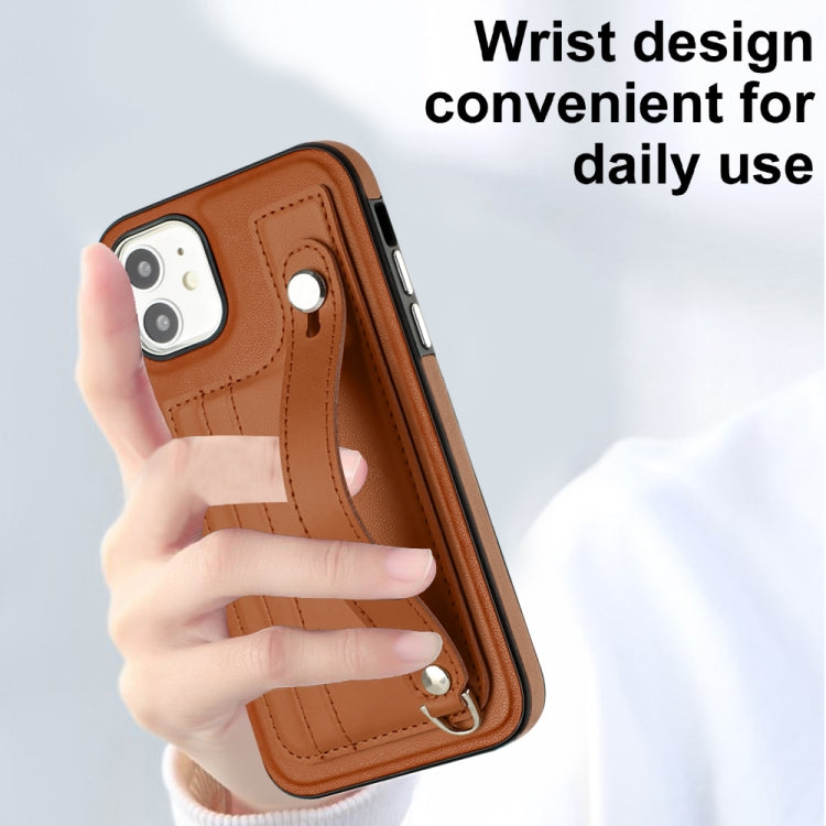 For iPhone 11 Shockproof Leather Phone Case with Wrist Strap(Brown)