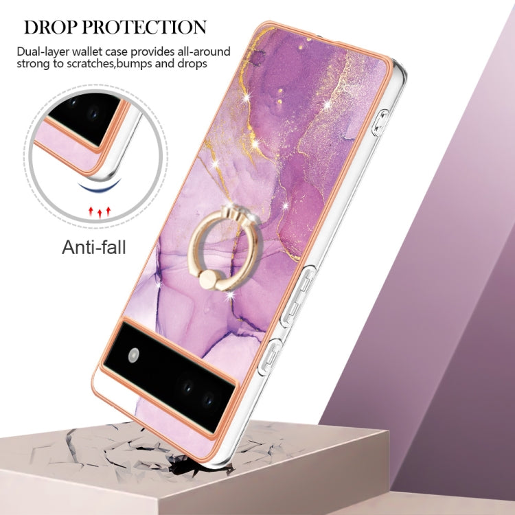 For Google Pixel 6a Electroplating Marble IMD TPU Phone Case with Ring Holder(Purple 001)