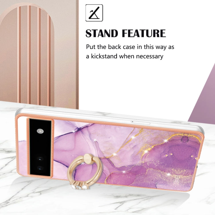 For Google Pixel 6a Electroplating Marble IMD TPU Phone Case with Ring Holder(Purple 001)
