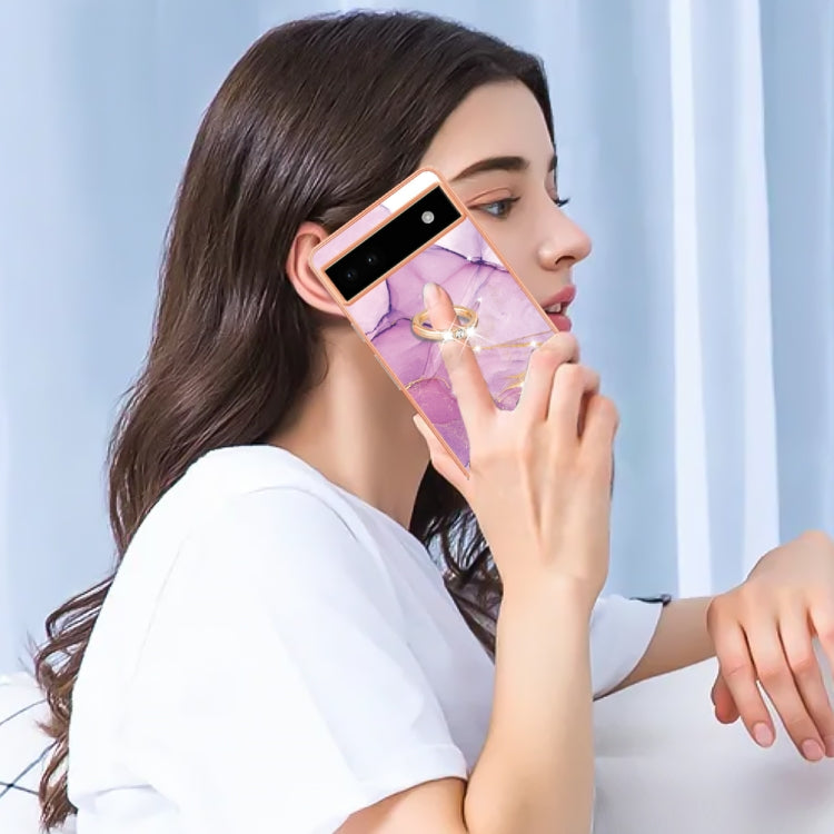 For Google Pixel 6a Electroplating Marble IMD TPU Phone Case with Ring Holder(Purple 001)