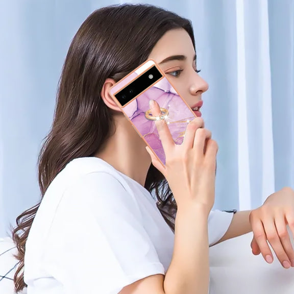 For Google Pixel 6a Electroplating Marble IMD TPU Phone Case with Ring Holder(Purple 001)