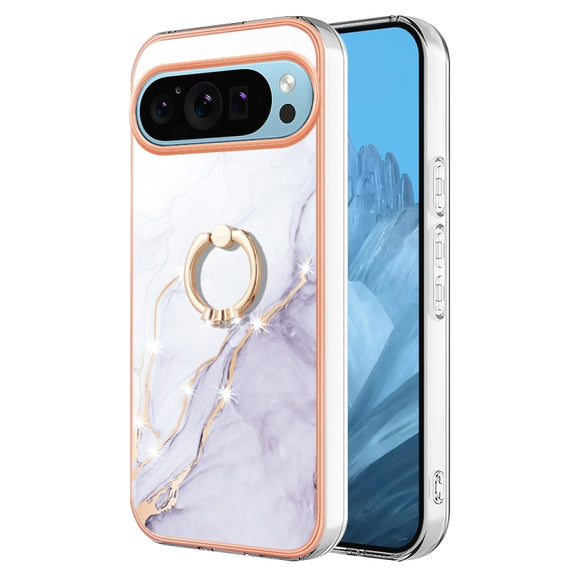 For Google Pixel 9 / 9 Pro Electroplating Marble IMD TPU Phone Case with Ring Holder(White 006)