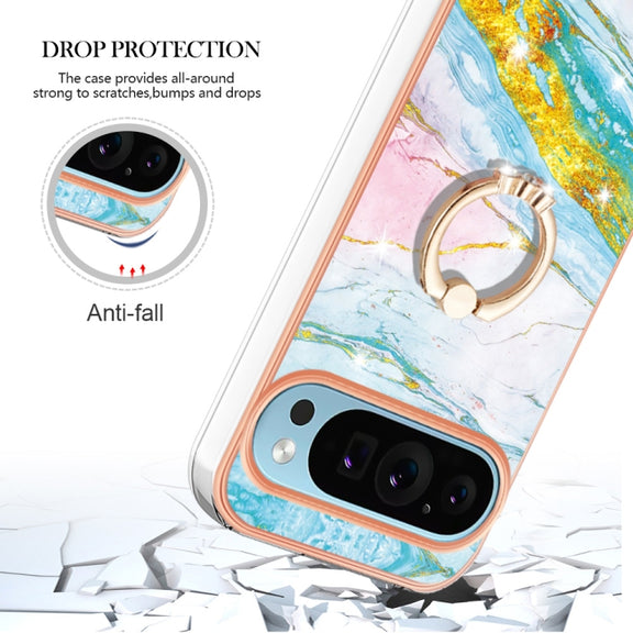 For Google Pixel 9 / 9 Pro Electroplating Marble IMD TPU Phone Case with Ring Holder(Green 004)