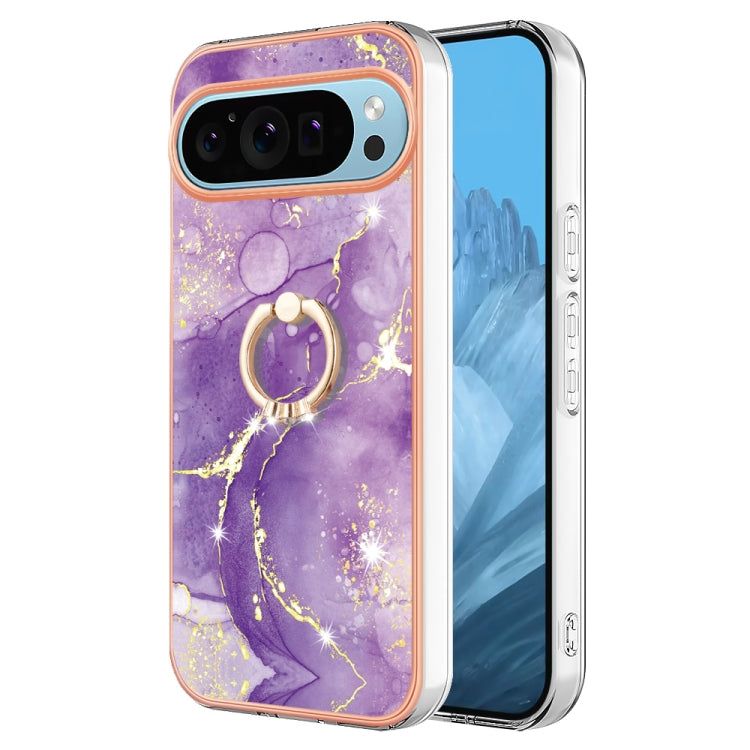 For Google Pixel 9 / 9 Pro Electroplating Marble IMD TPU Phone Case with Ring Holder(Purple 002)