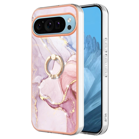 For Google Pixel 9 Pro XL Electroplating Marble IMD TPU Phone Case with Ring Holder(Rose Gold 005)