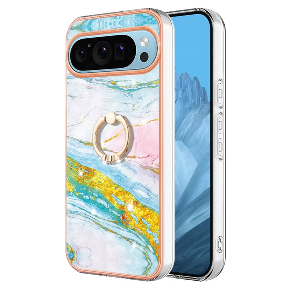 For Google Pixel 9 Pro XL Electroplating Marble IMD TPU Phone Case with Ring Holder(Green 004)