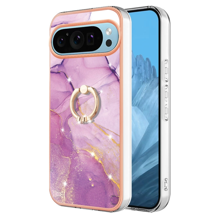 For Google Pixel 9 Pro XL Electroplating Marble IMD TPU Phone Case with Ring Holder(Purple 001)